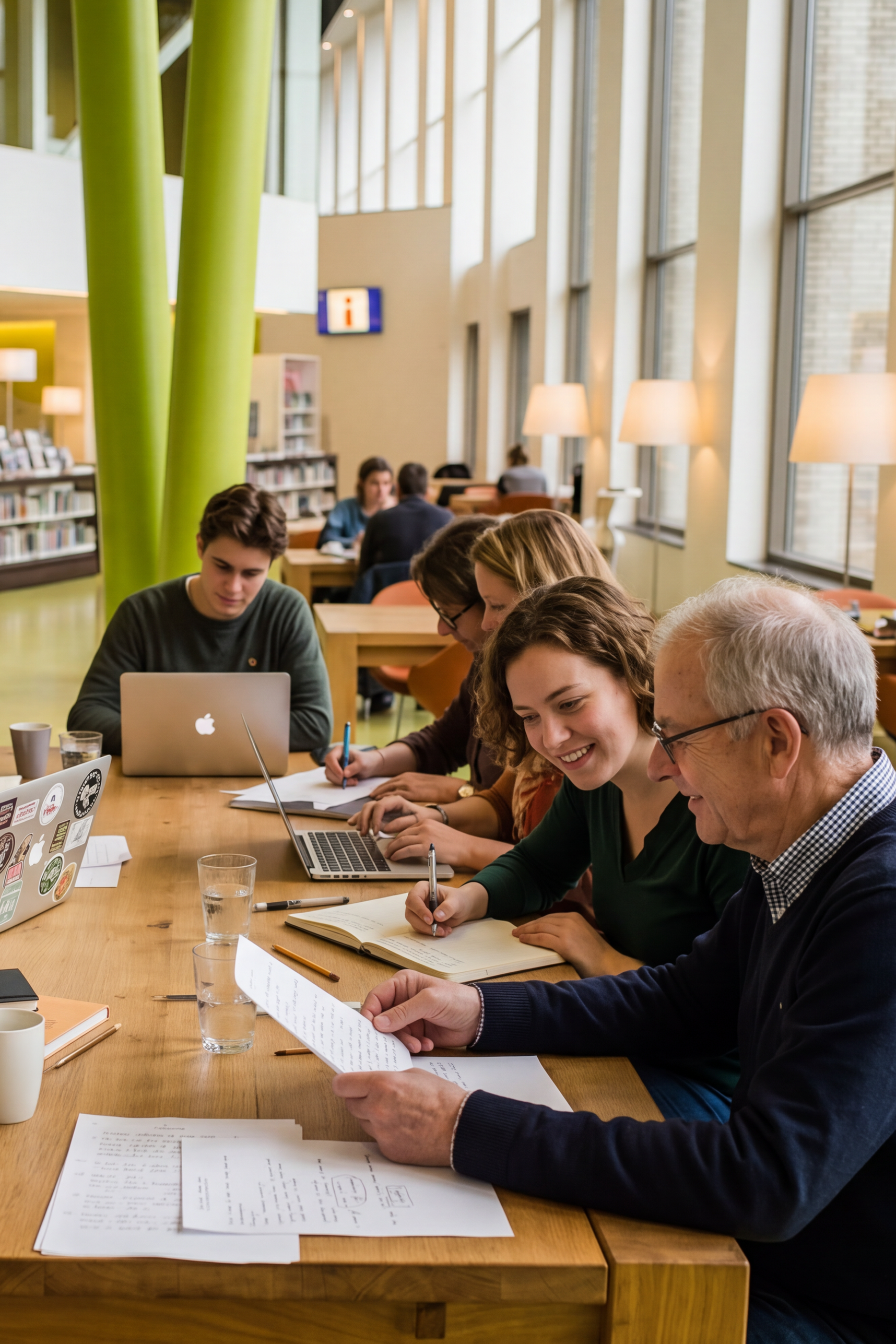 Groepje mensen zijn aan tafel in de bieb aan het schrijven