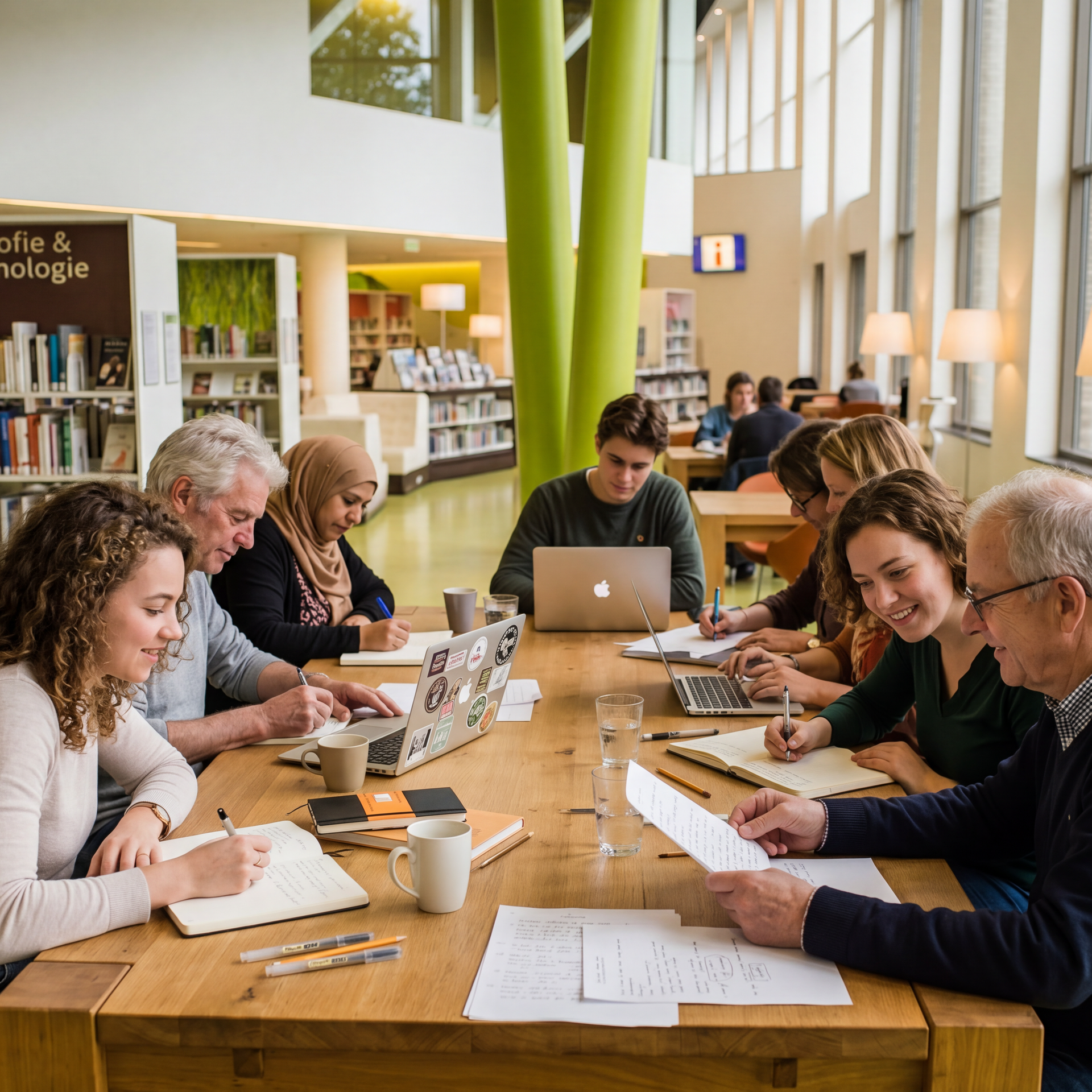 A group of people are writing at a table in the library.